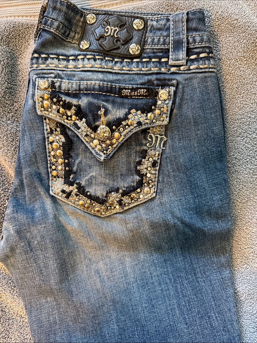 Miss Me Blue Denim Boot Cut Jeans with Studded Embellished Pocket